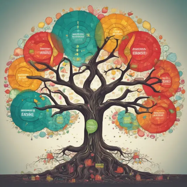 A colorful tree with roots representing various structured investment products (mutual funds, ETFs, and annuities), growing towards financial security and growth.
