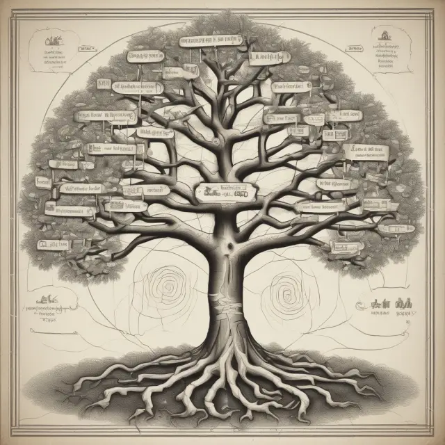 Complex derivatives as a labyrinthine tree with branches representing options, futures, and swaps