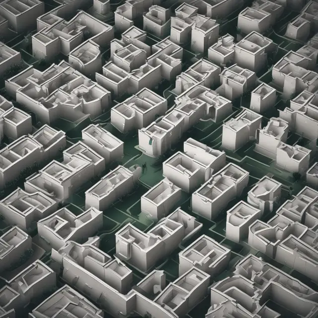 An investor explores a labyrinth filled with various types of real estate properties (residential rental homes, commercial buildings, and mixed-use structures) to discover their highest and best use.