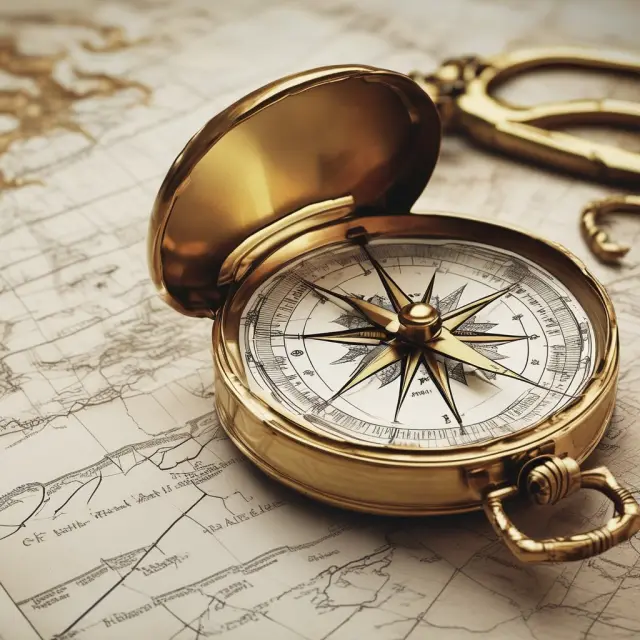 An investor holding a golden compass, navigating through a diverse landscape of real estate market charts, maps, and analysis tools.