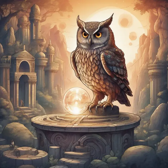An investor navigates a winding labyrinth, guided by a wise owl holding a crystal ball, symbolizing the process of crafting a strong investment thesis.