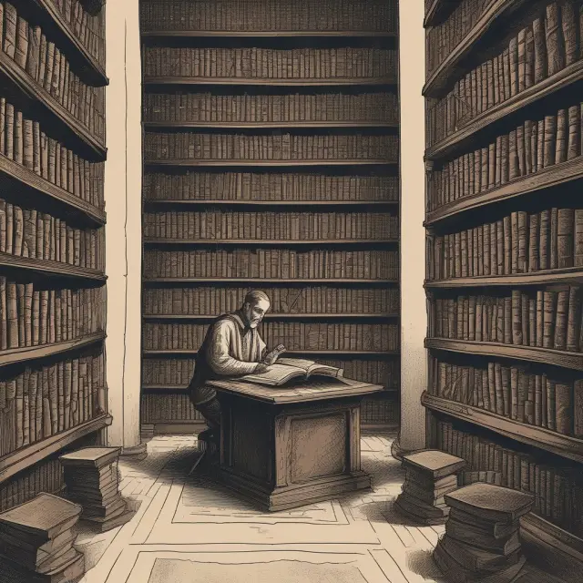 Scholar engrossed in research, pouring knowledge from a library into an empty investment thesis book. Keywords: scholar, research, investment thesis, library.