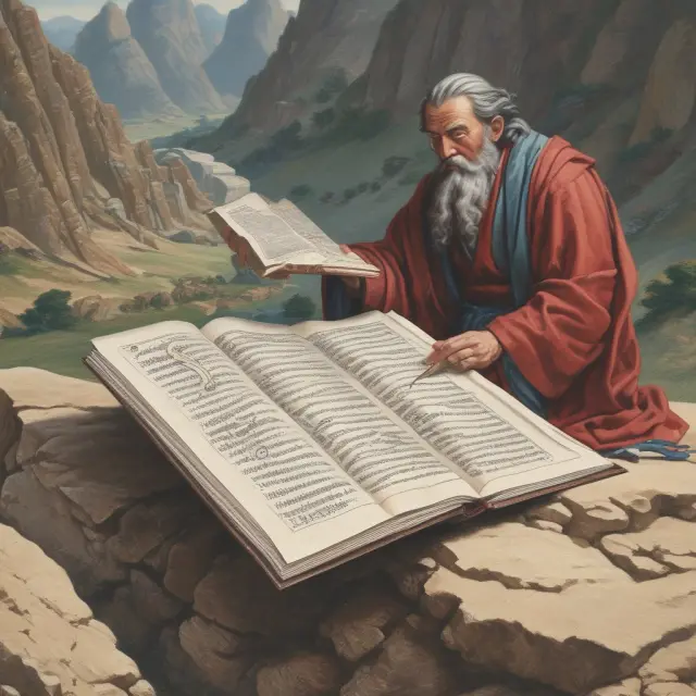 Scholar researching investment thesis with scrolls atop mountain, symbolizing thorough investigation and knowledge