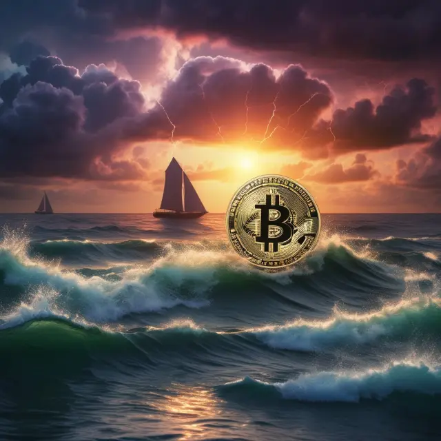 A digital storm with cryptocurrency symbols brewing atop a decentralized seascape, representing the volatile yet transformative power of this emerging asset class
