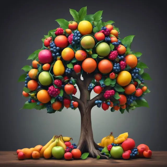 A tree laden with apples (stocks), oranges (bonds), lemons (commodities), and pears (real estate), symbolizing diverse investment opportunities