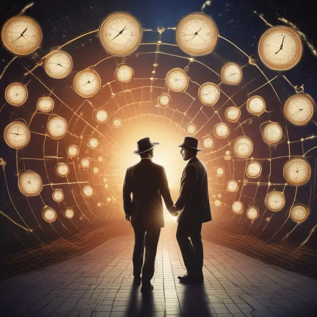 Time traveler exploring different investment horizons in a multidimensional stock market timeline