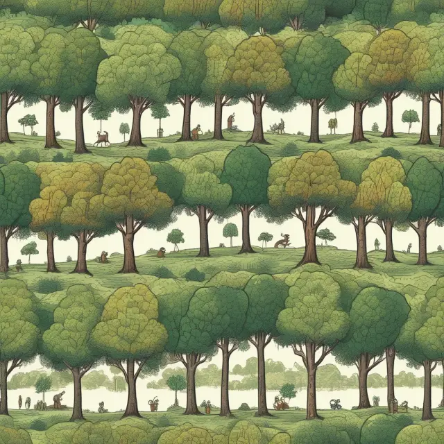 Long-term investors (trees with diverse foliage) and short-term investors (stable orchards) symbolizing different approaches to diversification based on investment horizon