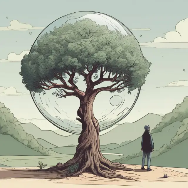 An investor holding a crystal ball representing liquidity needs and weighing it against a growing tree depicting various investment horizons