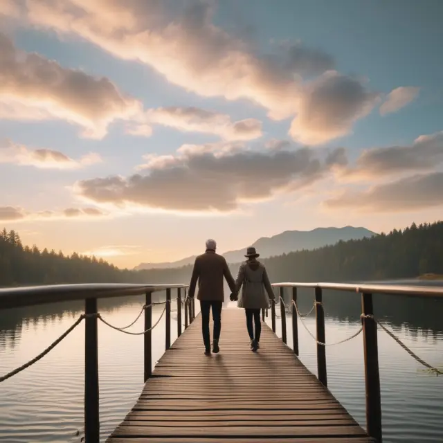 An investment adviser and retiree walking together on a bridge over a calm lake, reflecting trustful communication between them to minimize conflicts