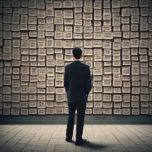 An investment banker, surrounded by ancient books and financial data, offers strategic advice to clients behind a metaphorical 