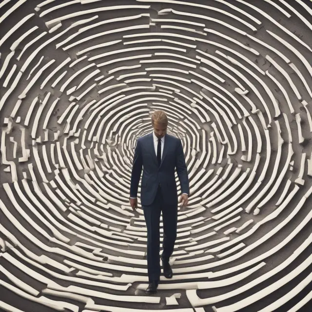 An investment banker skillfully navigates a complex maze, using a compass labeled 