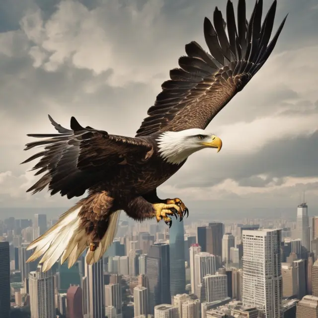 An eagle poised over a table of financial reports, signifying knowledgeable analysis amidst market turbulence