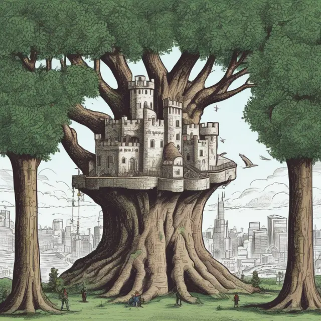 An image of a sturdy investment bank castle connecting to a blossoming retail bank tree, symbolizing their respective roles and relationships in the financial industry.