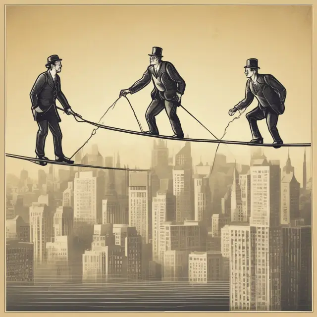 Three professionals - financial advisor, trader, salesperson - balancing on a tightrope between the rewards and challenges of investment banking.