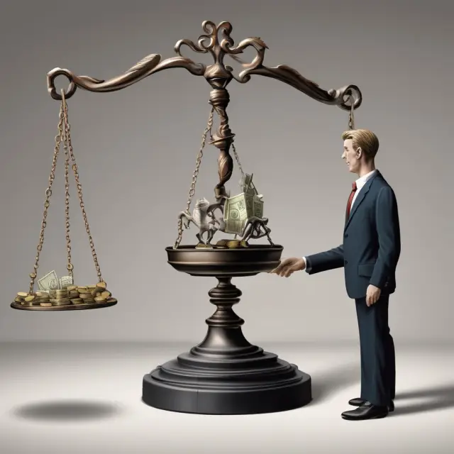 An investment banker purchasing shares from an IPO, with a balance of risk and potential reward represented on a scale