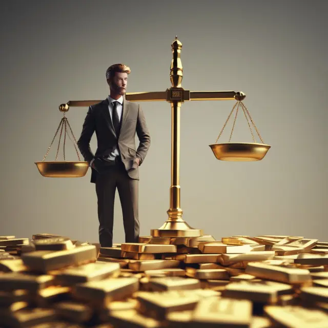 A golden scale tips toward mounds of gold bars, symbolizing an investment banker