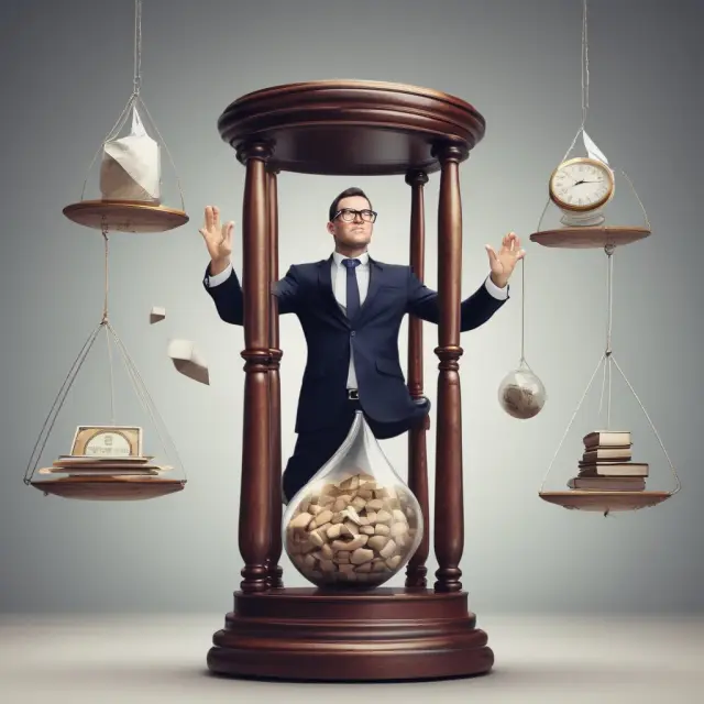 An investment banker juggles numerous projects while working under a large hourglass symbolizing the long hours and demanding nature of their work