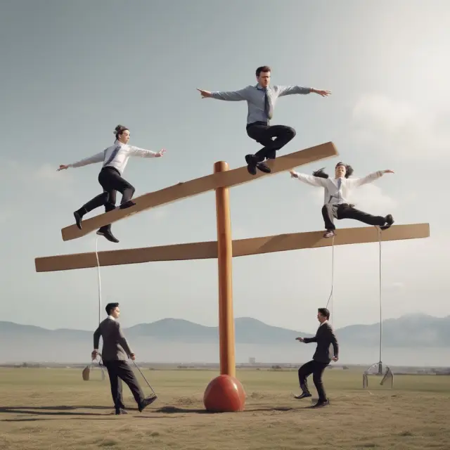 Members of an investment club carefully balancing their portfolio on a seesaw, with bags labeled