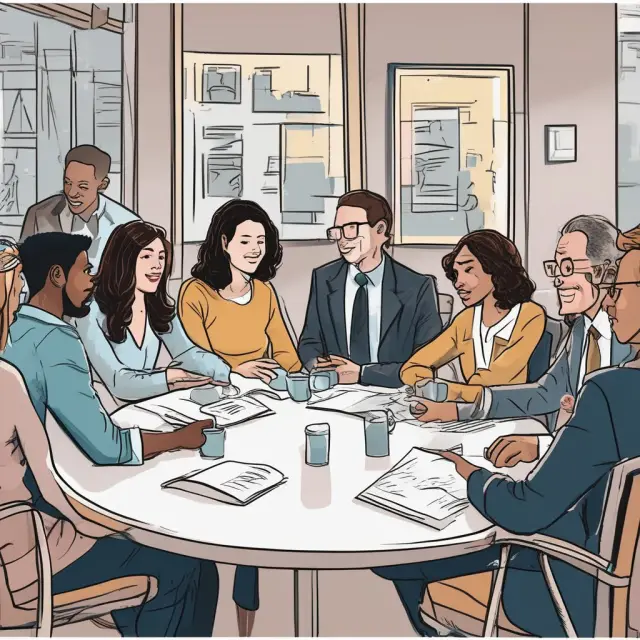 A group of diverse investors gathered around a digital table, discussing various investment alternatives and sharing ideas