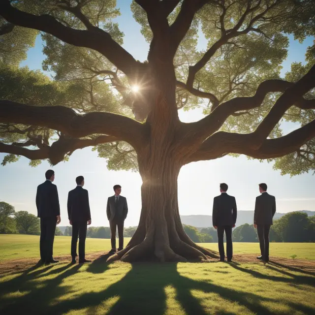 Fund sponsor, distributor, and shareholder collaborate around a thriving tree symbolizing investment growth