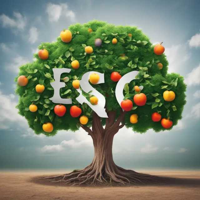 An image depicting an ESG-labeled tree flourishing amongst traditional investment fund containers.