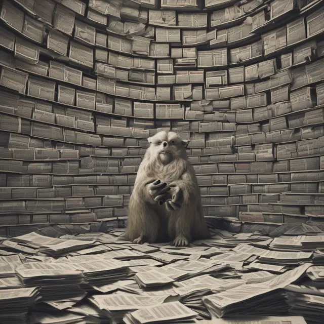 A watchful SEC guardian inspecting a maze of investment company financial reports and filings.