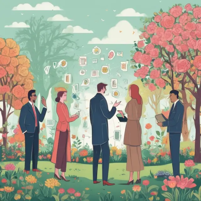 A lush garden symbolizing the investment consultant selection process, featuring consultants nurturing flowers representing backgrounds, credentials, expertise, and client communication