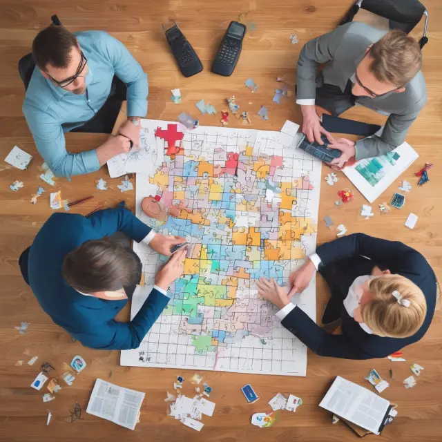 An investment consultant with glasses and graphs works alongside a financial planner with a calculator and compass to complete a jigsaw puzzle symbolizing comprehensive financial planning
