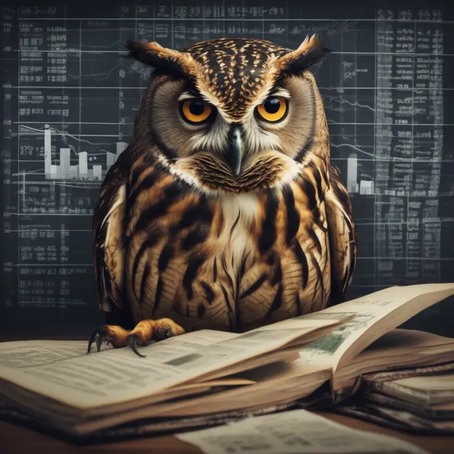 An insightful owl examining financial data and advisory documents to provide expert investment advice.