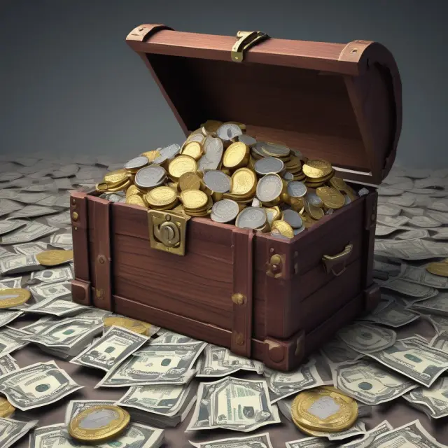 Golden treasure chest filled with investment income: savings, stocks, bonds, capital gains, dividends, and rental checks