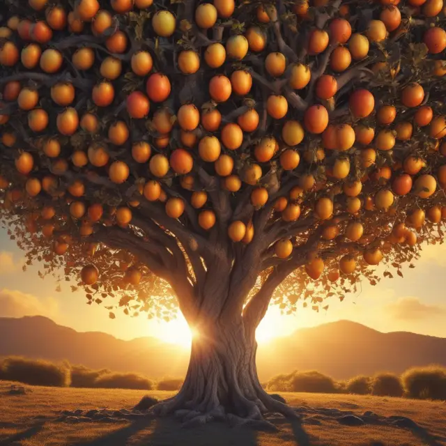 Golden sun setting over a tree loaded with fruits representing investment income, symbolizing a financially secure retirement