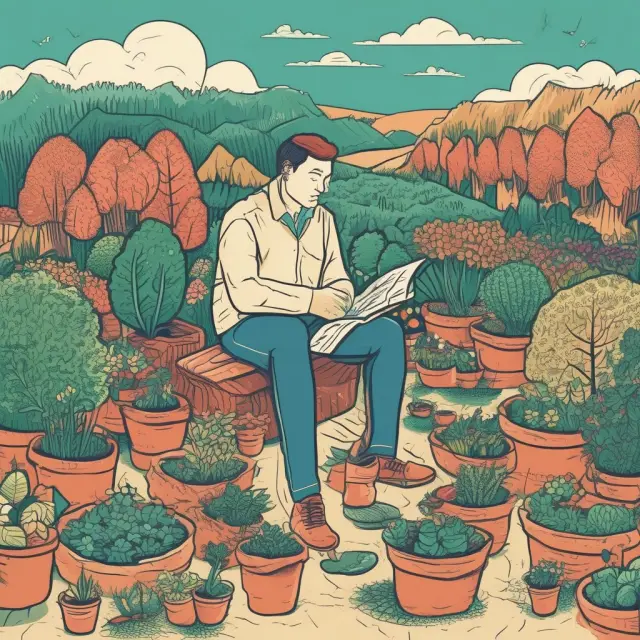 Artwork of an investor tending to a garden of blooming flowers symbolizing stocks, bonds, and real estate investments