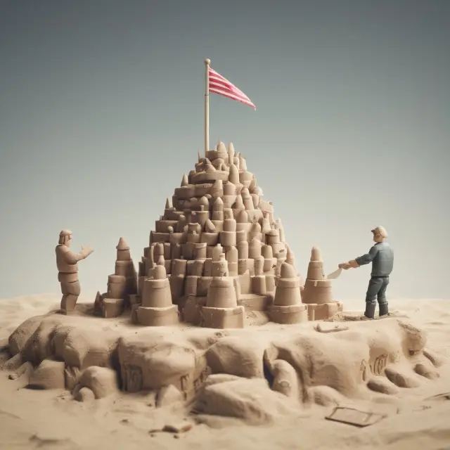 A questionnaire guiding hands creating a sandcastle symbolizing investment objectives and a stable financial future
