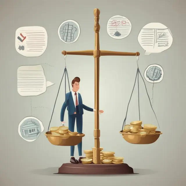 An investor holding a scale with different weights representing income, taxes, fees, and total wealth as factors influencing their investment objectives.