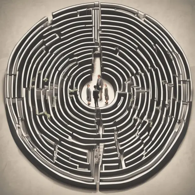 An advisor helping a client navigate a maze filled with financial goals, leading them to their ideal investment objectives
