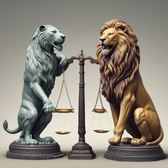 A balance scale featuring a tamed lion for conservative strategy and an untamed tiger for aggressive investments