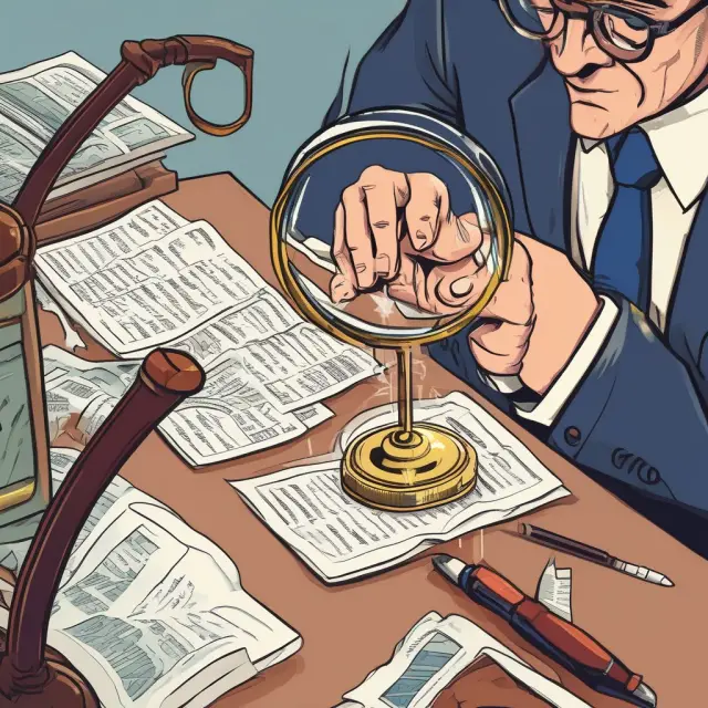 A value investor carefully assesses undervalued stocks using a magnifying glass and a golden scale