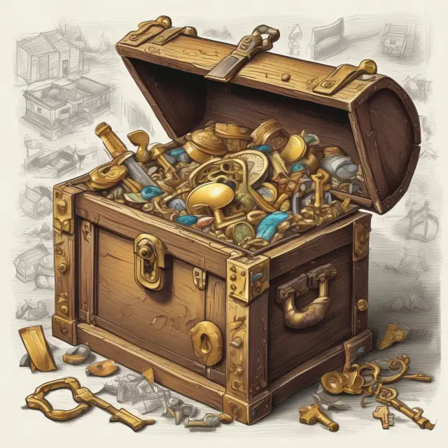 Golden treasure chest filled with various ownership investments: keys, stocks, real estate, collectibles, and business plans