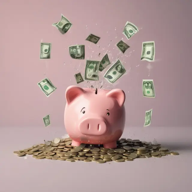 A piggy bank catching rain of cash notes flowing from the sky with a money market fund in the background, emphasizing cash equivalents