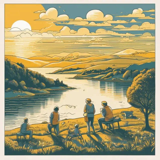 A golden sun sets over a landscape of pension funds. Independent savers symbolize DC pension plans, while pensioners represent DB pension plans.