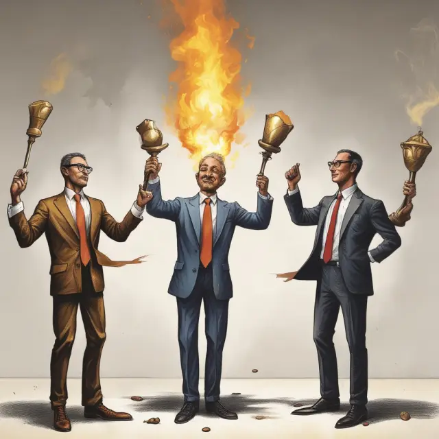 An investor skillfully juggles hedge funds as fiery torches and private equity funds as golden statues, representing the balance between risk and reward in managing a diverse investment portfolio.