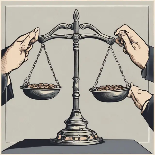A balanced scale holds passive index funds and active stocks, representing the choice between passive and active investment strategies.