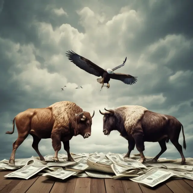 A bull symbolizing value investors and an eagle representing growth investors, both ascending towards financial prosperity
