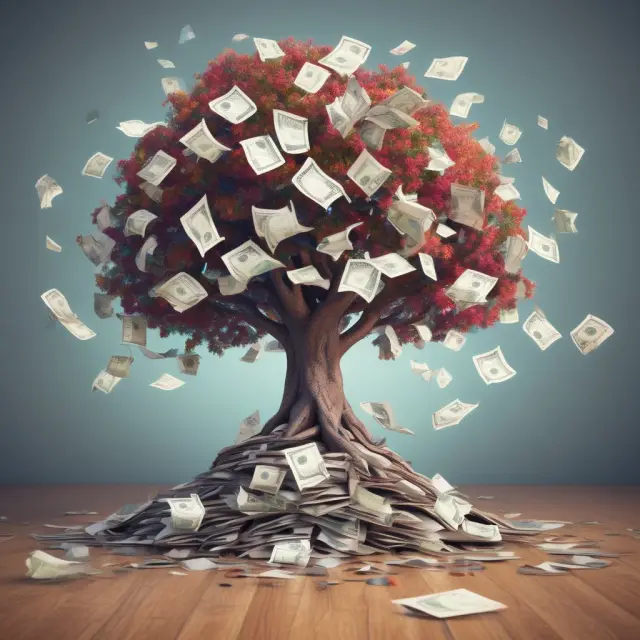 A thriving business tree sprouting from a mountain of unpaid invoices, emphasizing the benefits of invoice financing for financial stability and expansion