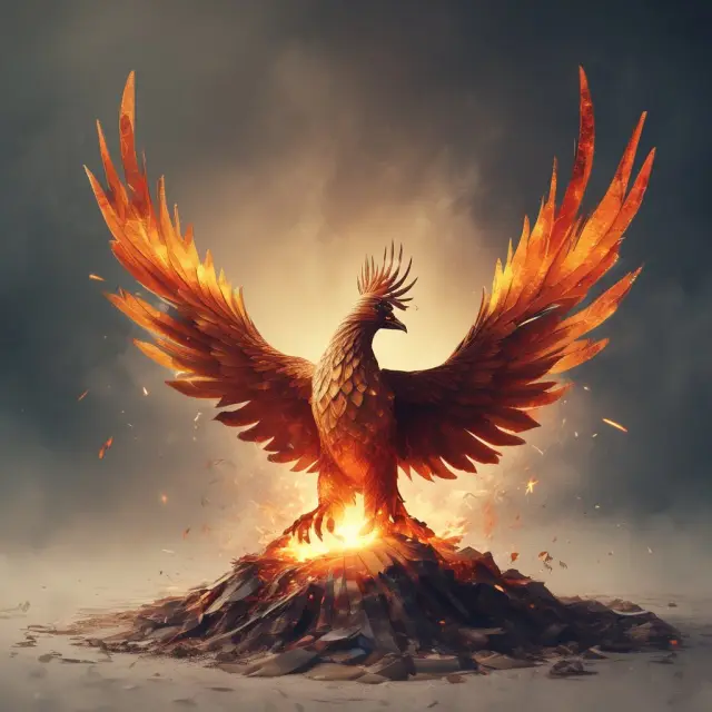 Digital Phoenix rising from paper invoices stack, signifying the modern approach to billing - E-Invoicing