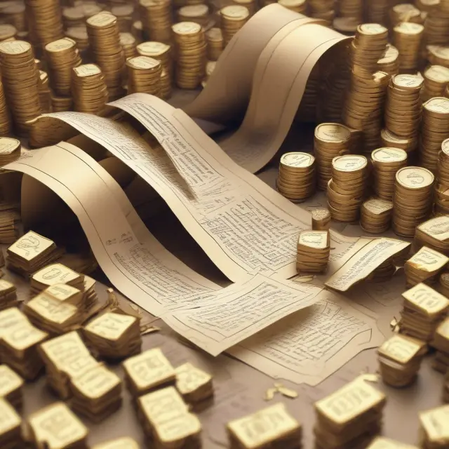A golden scroll representing an invoice moves through a maze of financial documents, illustrating the accounting process in accounts payable.