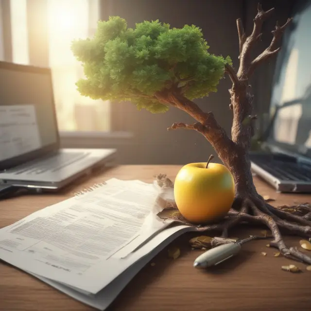 A tree with roots representing a purchase order grows towards a golden apple, symbolizing a completed sales invoice and transaction.