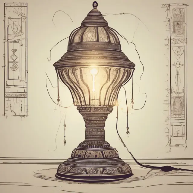 An image of an ancient jinn lamp shining on a modern interconnected IoT network, representing the historical context and evolution from the Jinn project to IOTA.