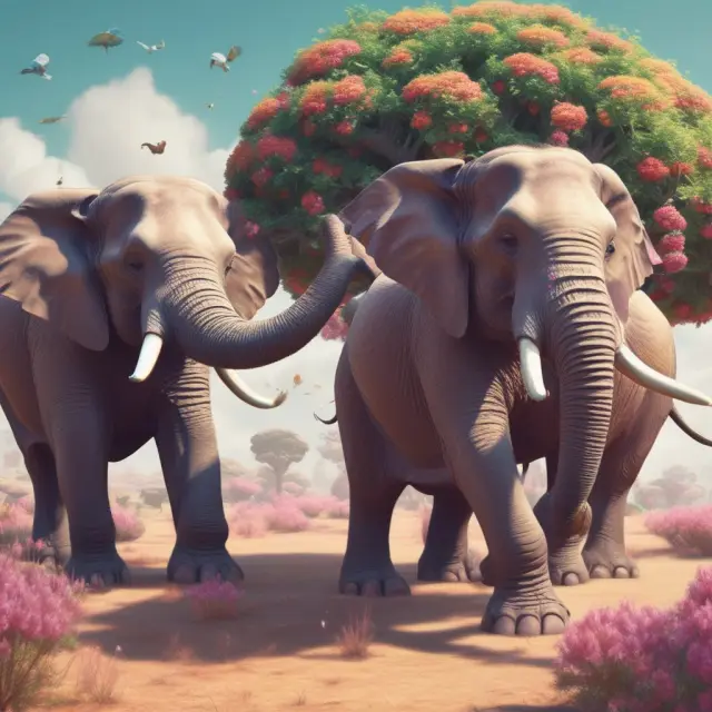 Two dancing elephants symbolizing IOTA collaborate with towering trees representing industry leaders, fostering growth and interconnectedness in the IoT ecosystem