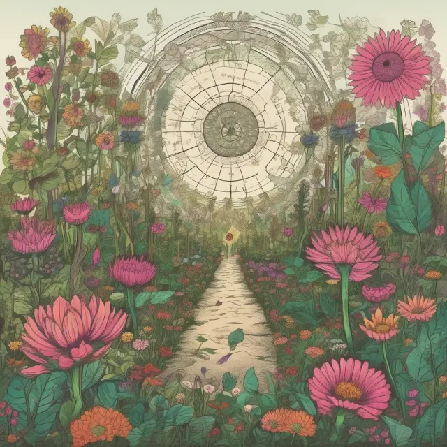 An imaginative garden filled with IOTA tangle blooms. Coordicide seeds sprout amidst Chrysalis transformations, symbolizing growth and renewal, as partnerships nurture new blossoms